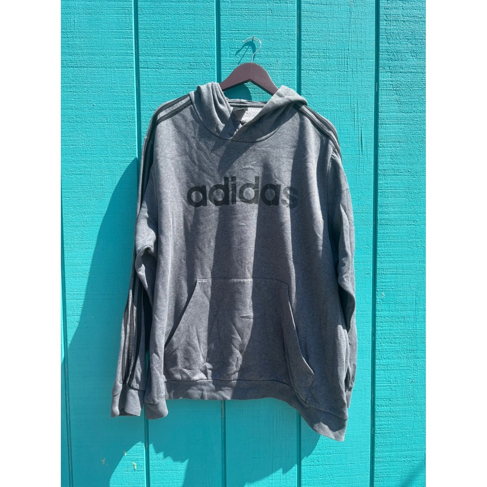 Adidas Mens Essentials Linear Logo Hoodie Gray 3-Stripe Pullover‎ Sweatshirt 2XL